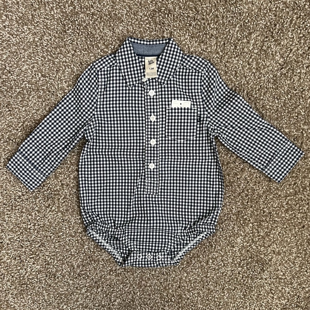 Baby B’Gosh White & Blue Plaid Button Up Onesie size 12 Months